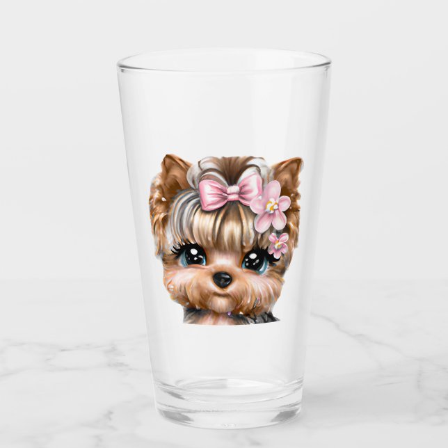 Verre Yorkie mignonne avec une corse rose (Devant)