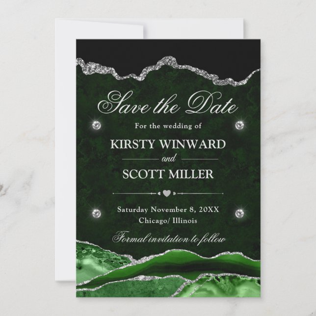 Vert Argent Pailleté Marbre Agate Save the Date (Devant)