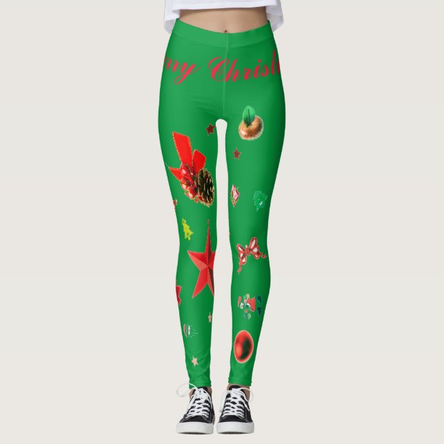 Vert avec ornements de Noël rouge Leggings (Devant)