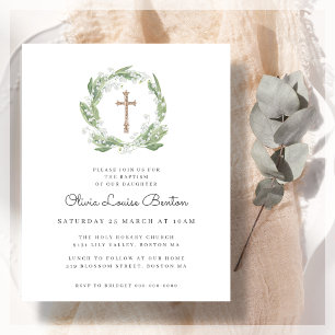 Vert Baptême Floral Blanc Budget Invitation