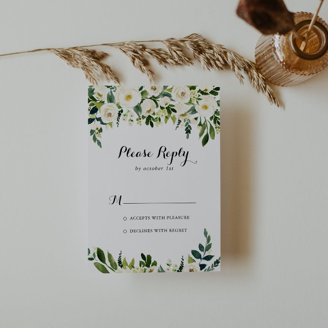 Vert Blanc Automne Floral Calligraphie RSVP (Créateur téléchargé)