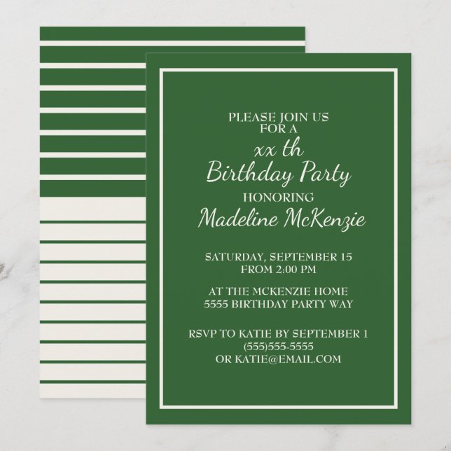 Vert blanc rayé Invitation de fête d'anniversaire (Devant / Derrière)