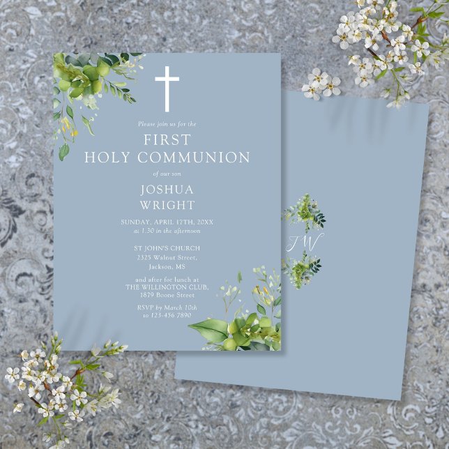 Vert Bleu Première Communion Sainte Invitation (Greenery Blue First Holy Communion Invitation Postcard)