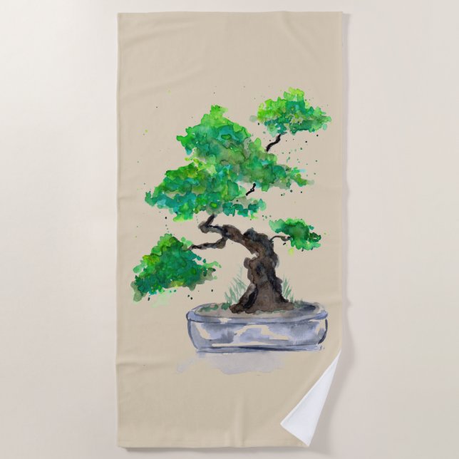 Vert Bonsai Aquarelle Beige Plage serviette (Devant)