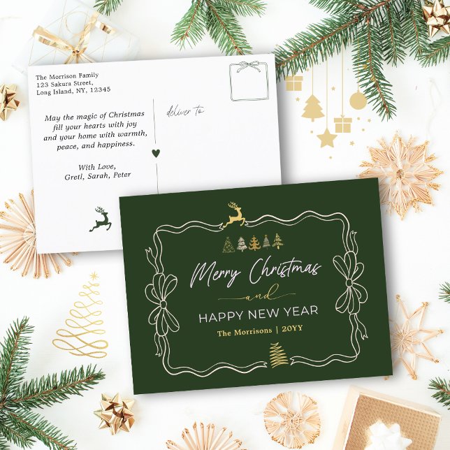 Vert : Bow et Doodles Festive Carte postale de vac (Green: Festive Bow & Tree Doodles Holiday Postcard)