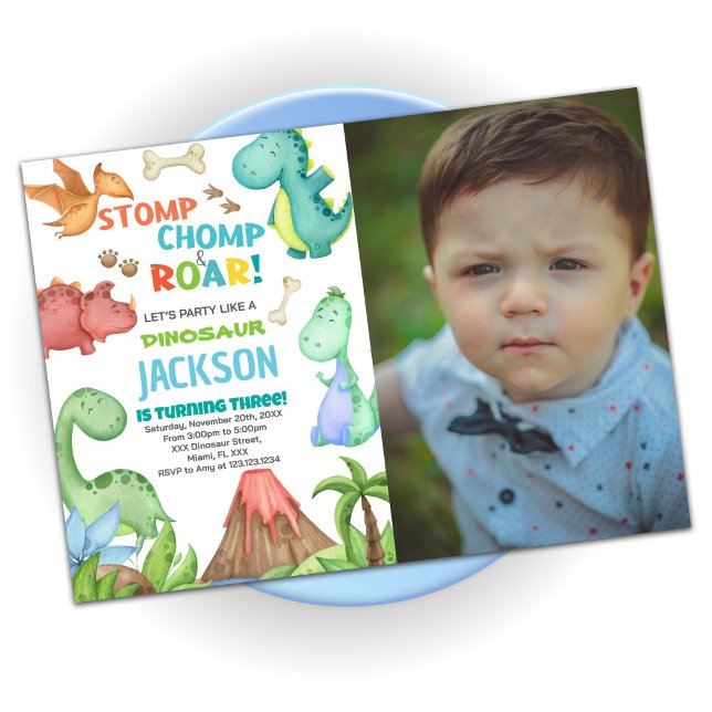 Vert Brown Dinosaure Anniversaire Invitations avec (Green Brown Dinosaur Birthday Invitations w photo)