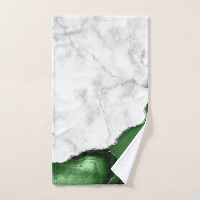 Vert Chasseur Agate Pailleté Argent Marbre Blanc (Serviette à main)