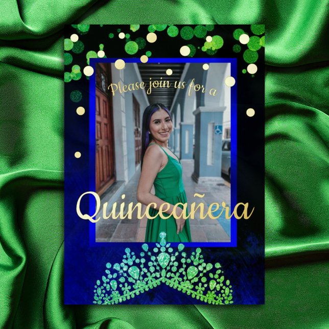 Vert chatoyant, Or, Quinceanera bleu Invitation (Emerald green tiara quinceanera, sapphire blue gemstones rhinestones mis quince invitations)