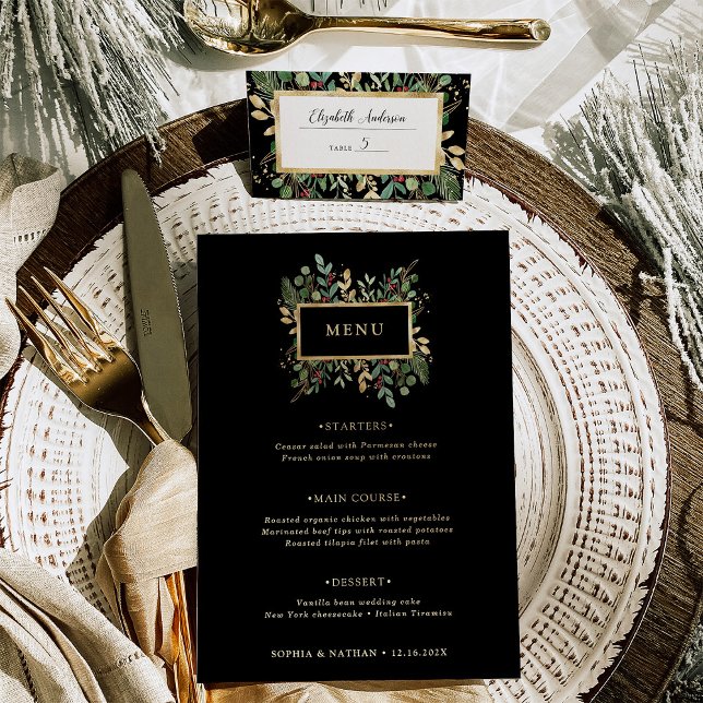 Vert doré sur noir | Menu Mariage de Noël (A glamorous holiday wedding menu in dark black with elegant gold accents)