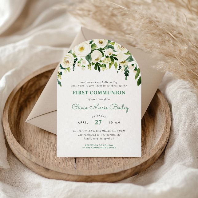 Vert doux Floral Première Communion Invitation (Créateur téléchargé)