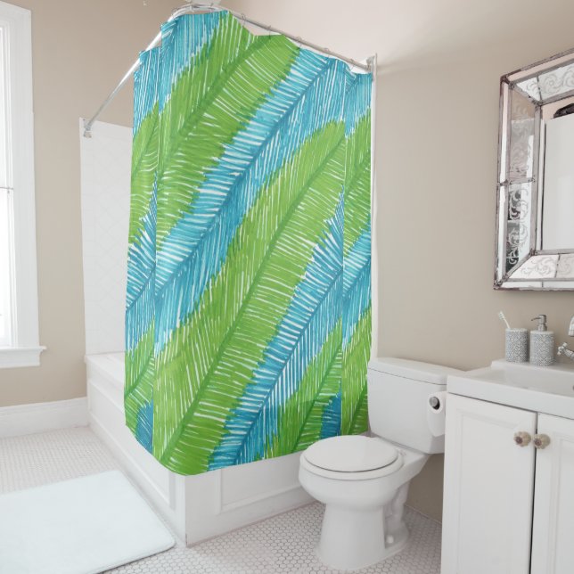 Vert et bleu Palm Feuille Motif rideau de douche (En situation)