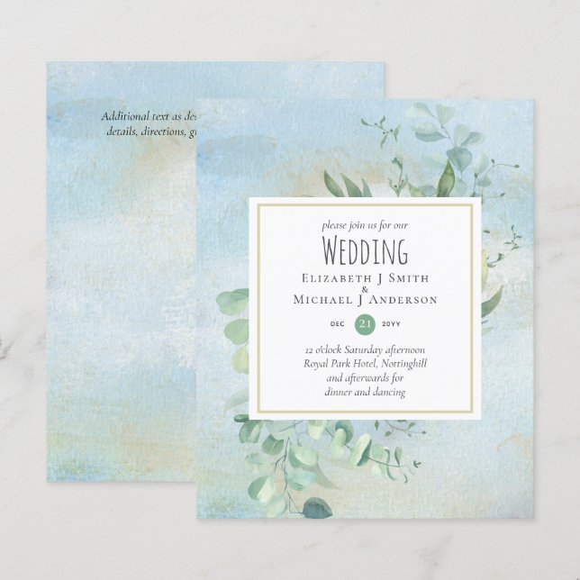 Vert Eucalyptus Bleu Mariage BUDGET Invitations (Devant / Derrière)