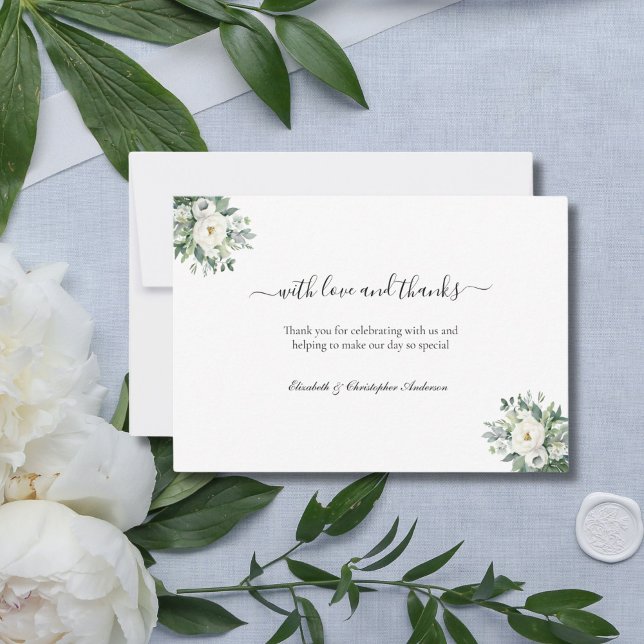 Vert floral blanc avec amour et merci Mariage (White Watercolor Florals and Greenery Wedding Thank you card. Elegant and Formal)