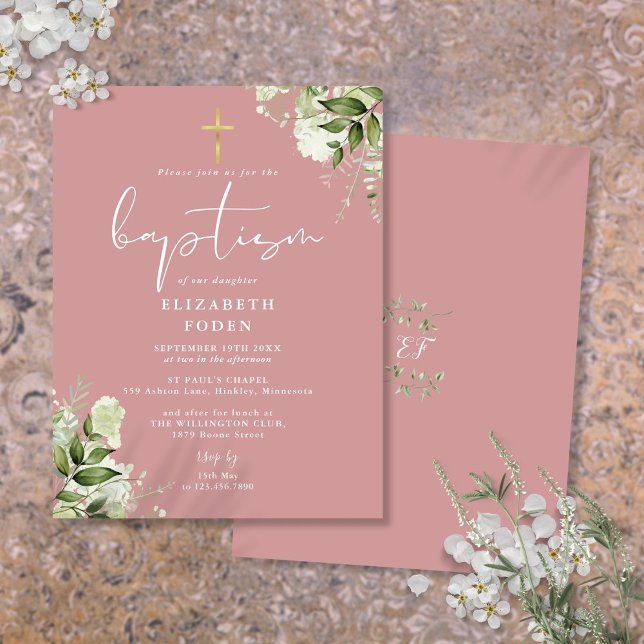 Vert Floral Dusty Rose rose Baptême Invitation (Greenery Floral Dusty Rose Pink Baptism Invitation Postcard)