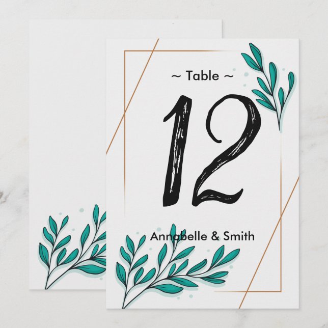 Vert Floral Gold Foil Feuille numéro de table (Devant / Derrière)