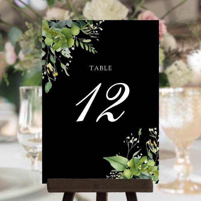 Vert Floral Noir Et Blanc Numéro De Table (Greenery Floral Black And White Table Number)
