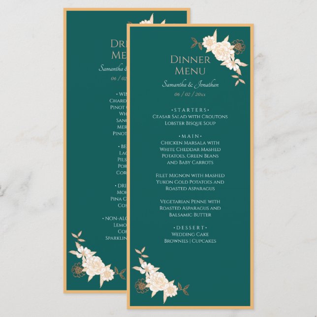 Vert foncé avec crème Rose Menu Mariage (Devant / Derrière)