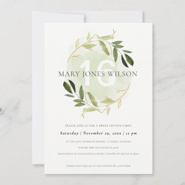 VERT GOLD FOLIAGE WREATH SWEET 16 CARTE D'ANNIVERS (Devant)