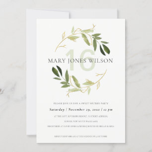 VERT GOLD FOLIAGE WREATH SWEET 16 CARTE D'ANNIVERS