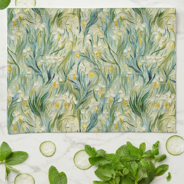 Vert Jaune Botanique Iris Motif Serviettes de cuis (Plié)