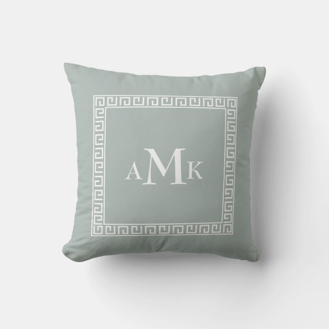 Vert menthe Clé grecque | Coussin décoratif monogr (Recto)