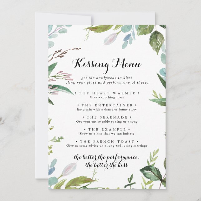 Vert Moderne Mariage Kissing Menu Carte de jeu (Devant)