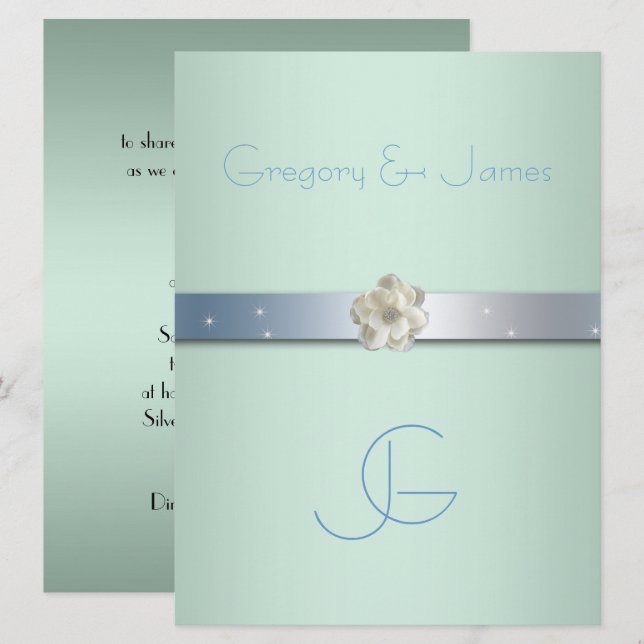 Vert mousse et argent, invitation de mariage gay (Devant / Derrière)