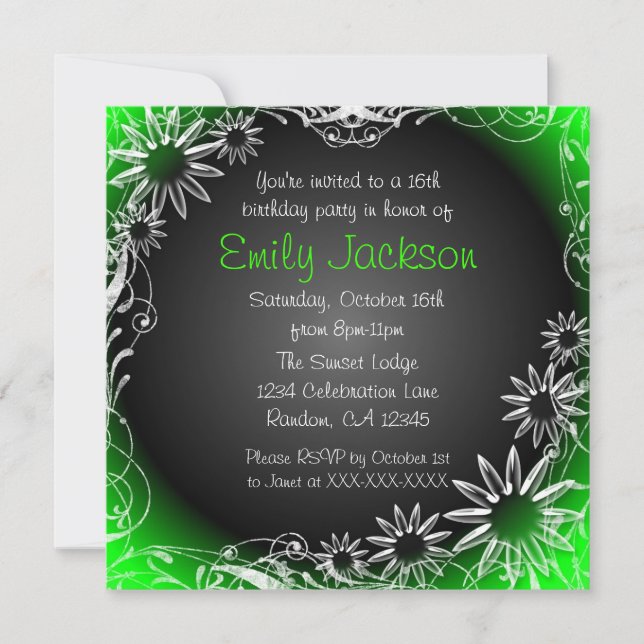 Vert noir blanc fondu doux 16 invitation florale (Devant)