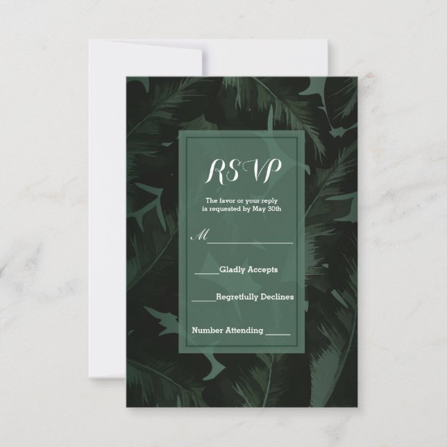 Vert & Noir Chic Feuilles Tropicales Réponse RSVP (Devant)
