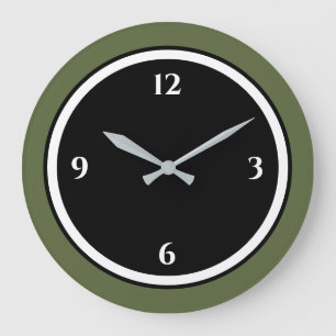 Vert olive Noir & Blanc Minimaliste Grande Horloge