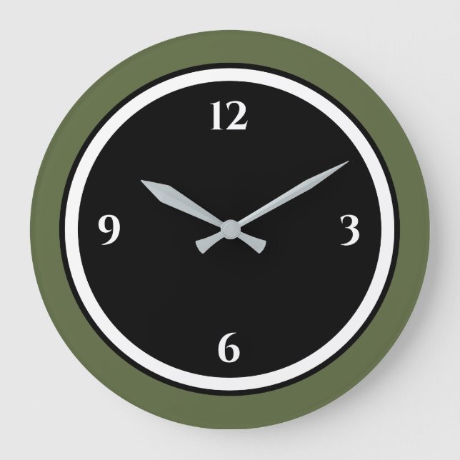 Vert olive Noir & Blanc Minimaliste Grande Horloge (Recto)