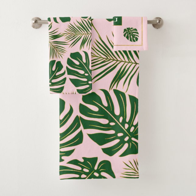 Vert, or tropical feuilles et monogramme rose (En situation)