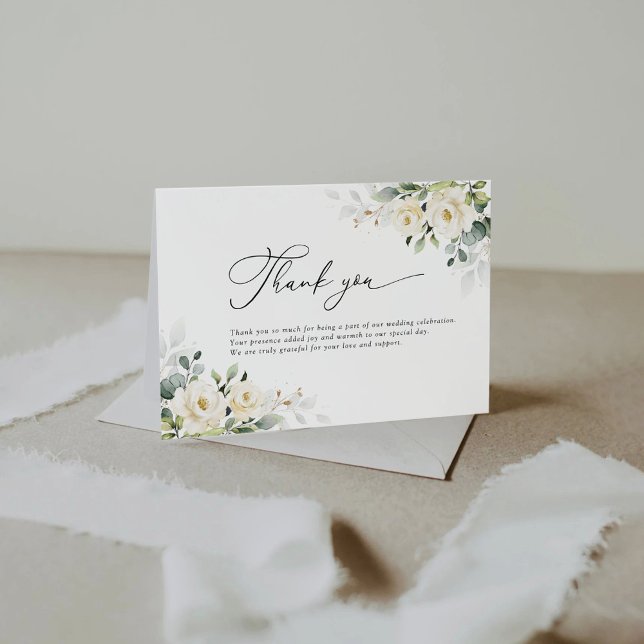 Vert Roses blanches Mariage Carte de remerciements (Créateur téléchargé)