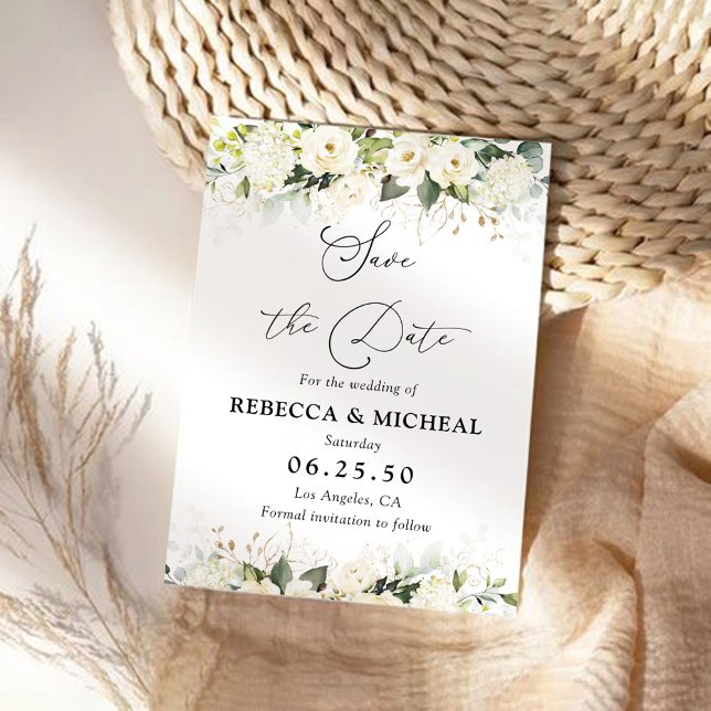 Vert Roses Blanches Mariage Enregistrer La Carte D (Créateur téléchargé)