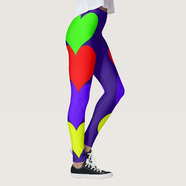 Vert Rouge Violet Coeurs Jaunes Bleu foncé Legging (Droite)