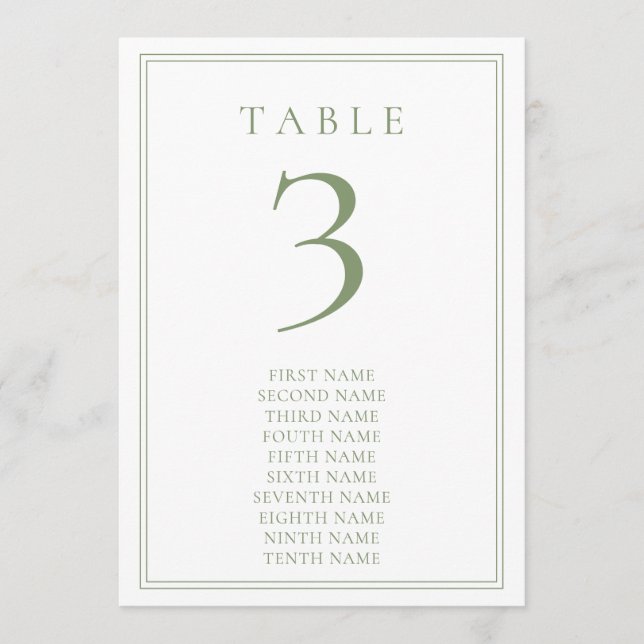 Vert sauge Chaud Numéro de table de mariage minima (Devant)