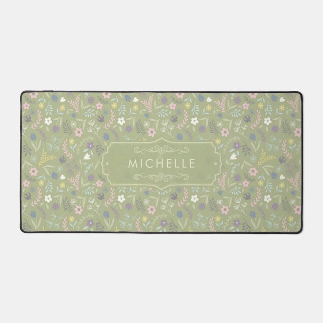 Vert Sauge Fleurs Roses Blanches Motif Floral Boho (Recto)