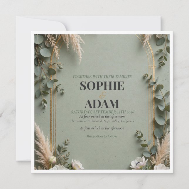  Vert sauge or feuille double arche Save The Date  (Devant)