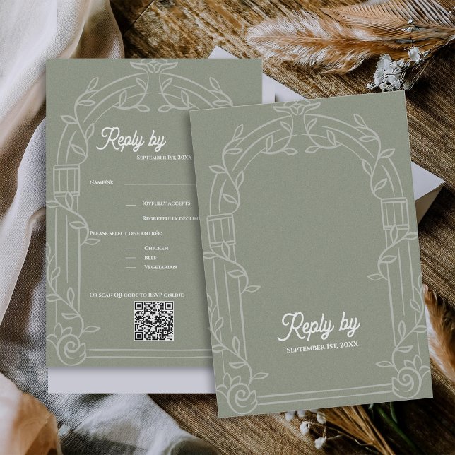 Vert Sauge Orné Réponse de Mariage Botanique par A (Sage Green Ornate Arch Botanical Wedding RSVP Card with QR Code | Elegant Wedding Reply Card)