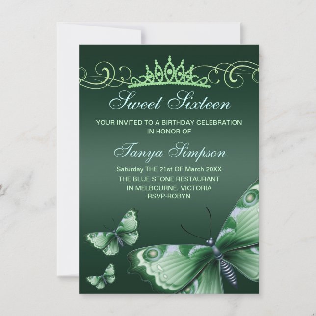 Vert Sweet16 Papillon et Invitation d'anniversaire (Devant)