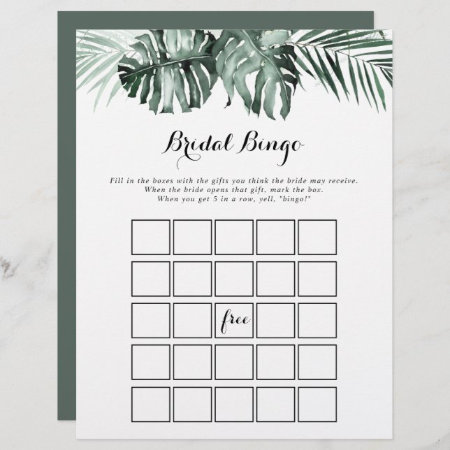 Vert tropical Blanc Floral Bridal Jeu de Bingo (Devant / Derrière)