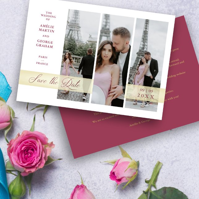 Vertical 3 Photos Collage manuscrit Chic Script (Original Collage Vertical 3 Multi Photos Elegant Handwritten Script Save the date Card.)