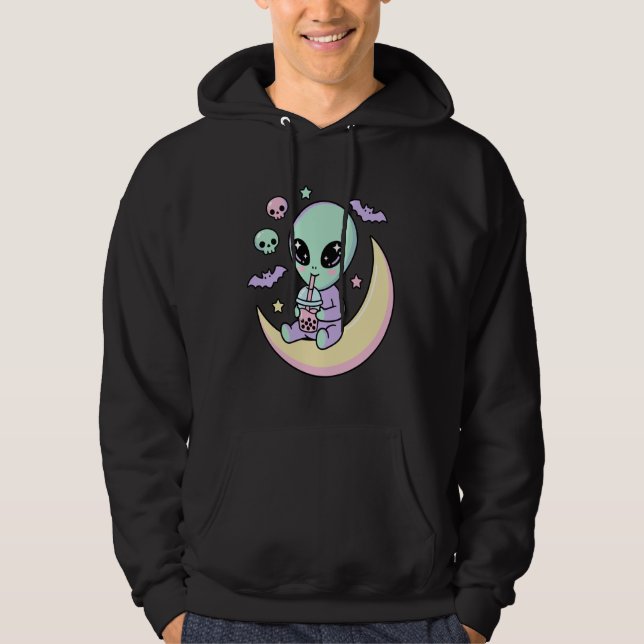 Veste À Capuche Alien Mignon Buvant du Bubble Tea Pastel Goth Lune (Devant)