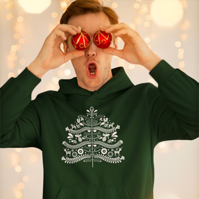 Veste À Capuche Art populaire scandinave blanc Arbre de Noël nordi (Créateur téléchargé)
