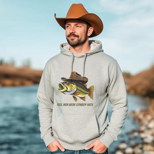 Veste À Capuche Bass Fish Reel Hommes Portent Cowboy Casquettes (Funny Fish Hoodie for Him Fish with a Cowboy Hat Fathers Day gifts Gifts for him)
