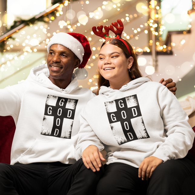 Veste À Capuche Bon Dieu (Couples posing in Good God Jesus Cross Hoodie in Christmas)
