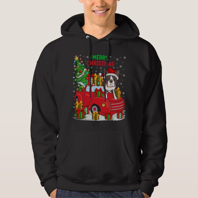 Veste À Capuche Camion rouge Xmas Tree - Éclairage Boston Terrier  (Devant)