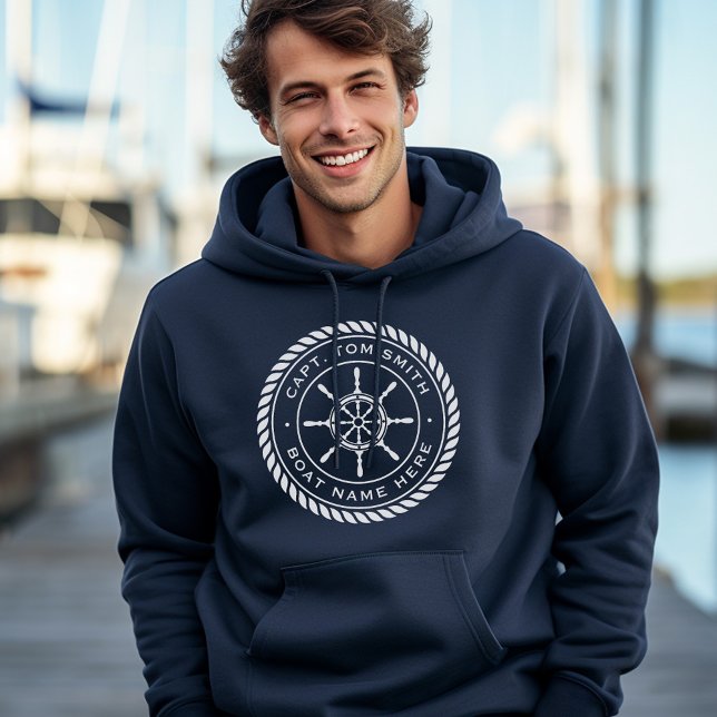 Veste À Capuche Capitaine nom de bateau cadre de corde roue du nav (Captain boat name rope frame nautical ship's wheel hoodie)