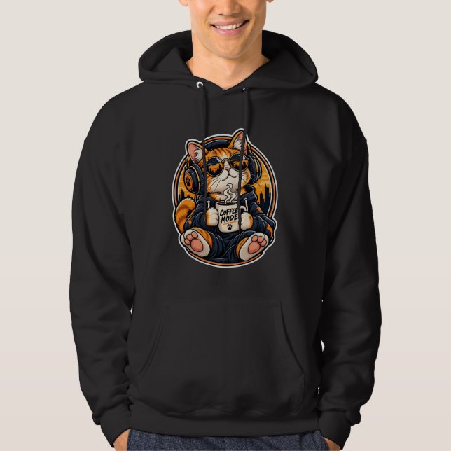 Veste À Capuche Chat de la mode urbaine cool buvant du café (Devant)