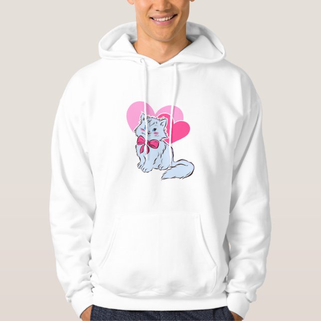 Veste À Capuche Chat Kawaii Bleu Avec Nœud Rose & Cœurs (Devant)